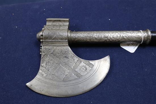 A Sikh silver foiled steel axe head, Tabarzin - Punjab early 19th century, length 26in., axe head 10.5in.